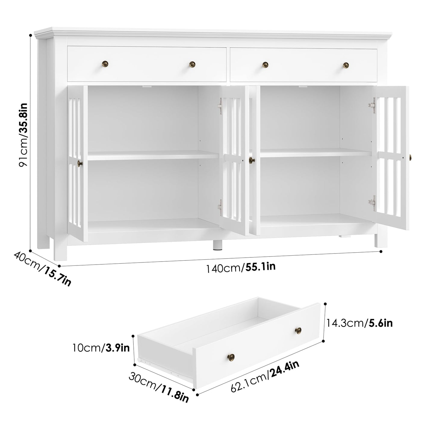 FirFurd Sideboard 140 cm Wide Kitchen Cabinet with Worktop Sideboard Living Room Kitchen Buffet Cabinet with 2 Drawers 4 Glass Doors Kitchen Buffet with Adjustable Shelves 140 x 40 x 91 cm Black