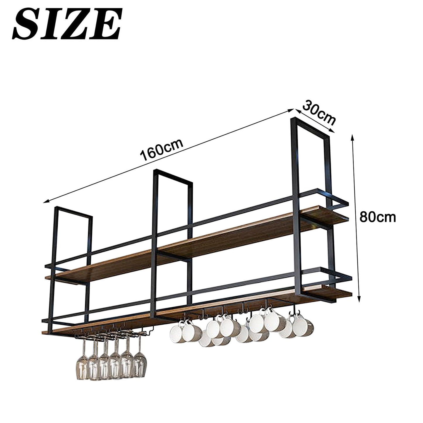 KEPMOGOH Deckenregal Weinregal mit Glashalter, Schwebendes Hängeregal 2-Lagiger Industrieller Hängender Weinflaschenhalter, Schwarzes Metall-Deckenregal für Bar-Café-Küche (Schwarz, 160×30×80cm)
