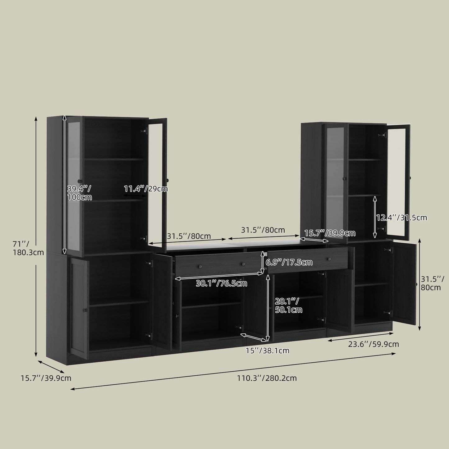 VOWNER 4PSC Large TV Cabinet with Bookshelves for TVs up to 75 Inches, 280 cm Long TV Stand with Tempered Glass Doors and Shelves, TV Cabinet for Living Room, Black (2B+2C)