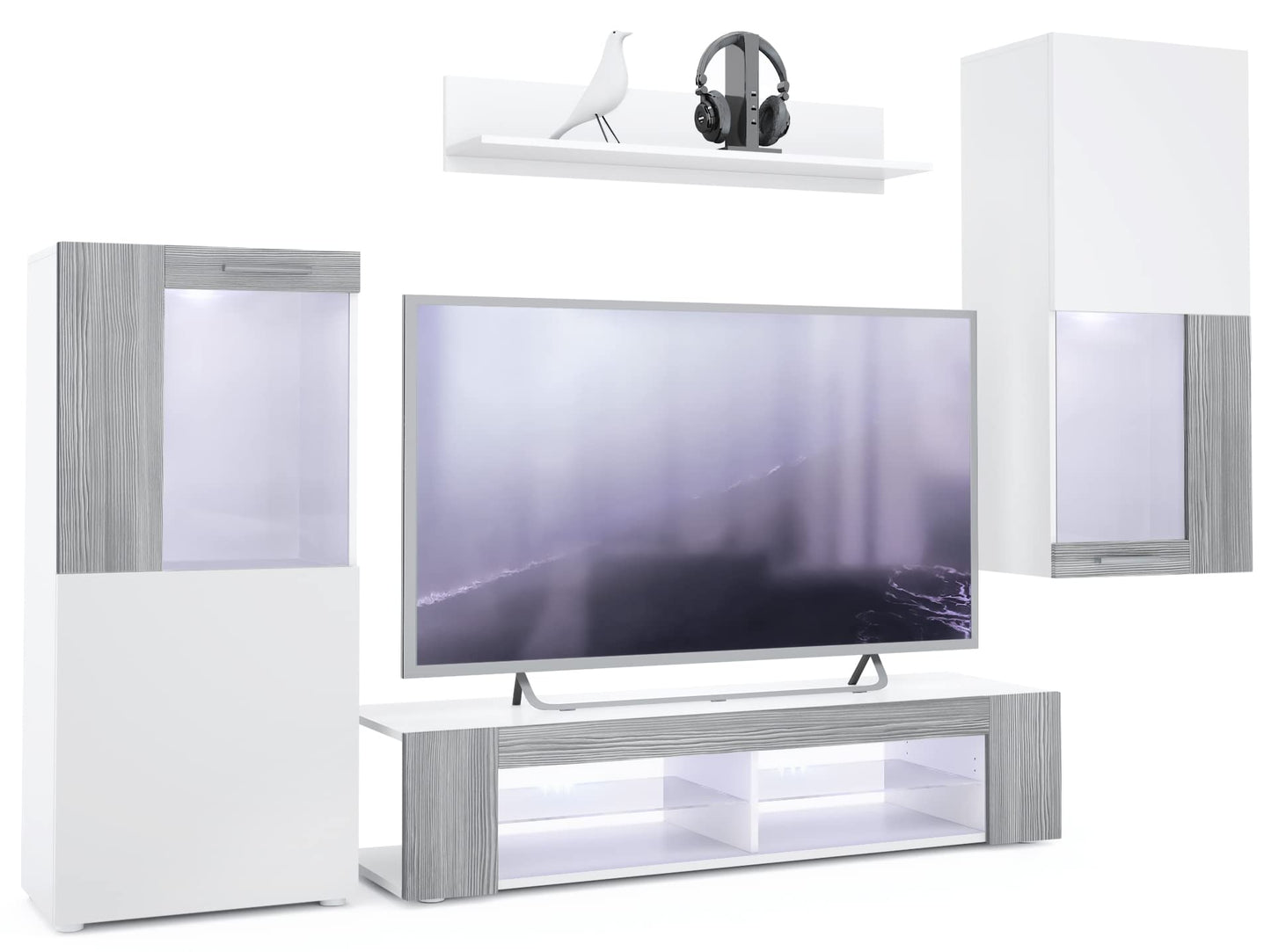 Vladon Wohnwand Movie, Anbauwand bestehend aus 1 TV-Board, 2 Vitrinen und 1 Regal, Weiß matt/Weiß matt/Weiß Hochglanz (Gesamt: 300 x 190 x 39 cm)