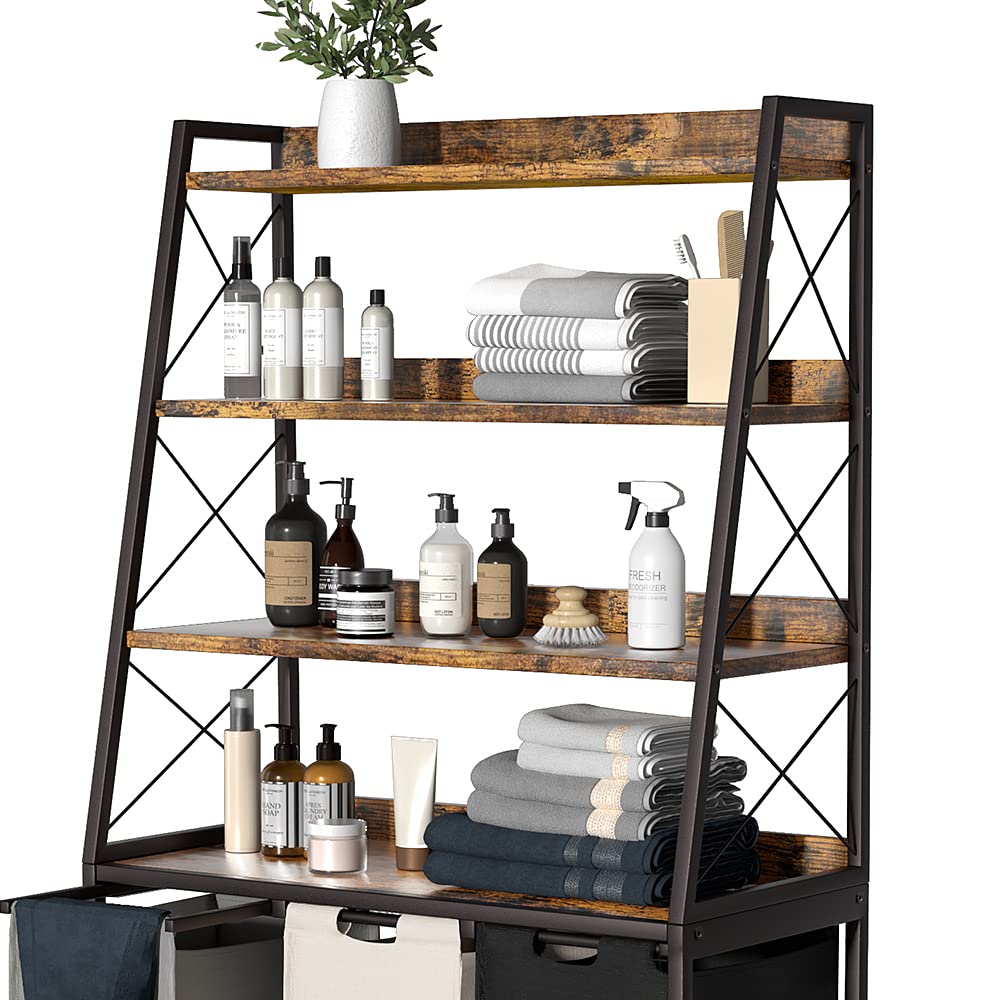 Herture Laundry Basket 3 Compartments Laundry Hamper with 4 Shelves Laundry Basket Removable Laundry Bags Large 3 x 60L for Laundry Room Bathroom Ink Black Vintage Brown PF05XLN