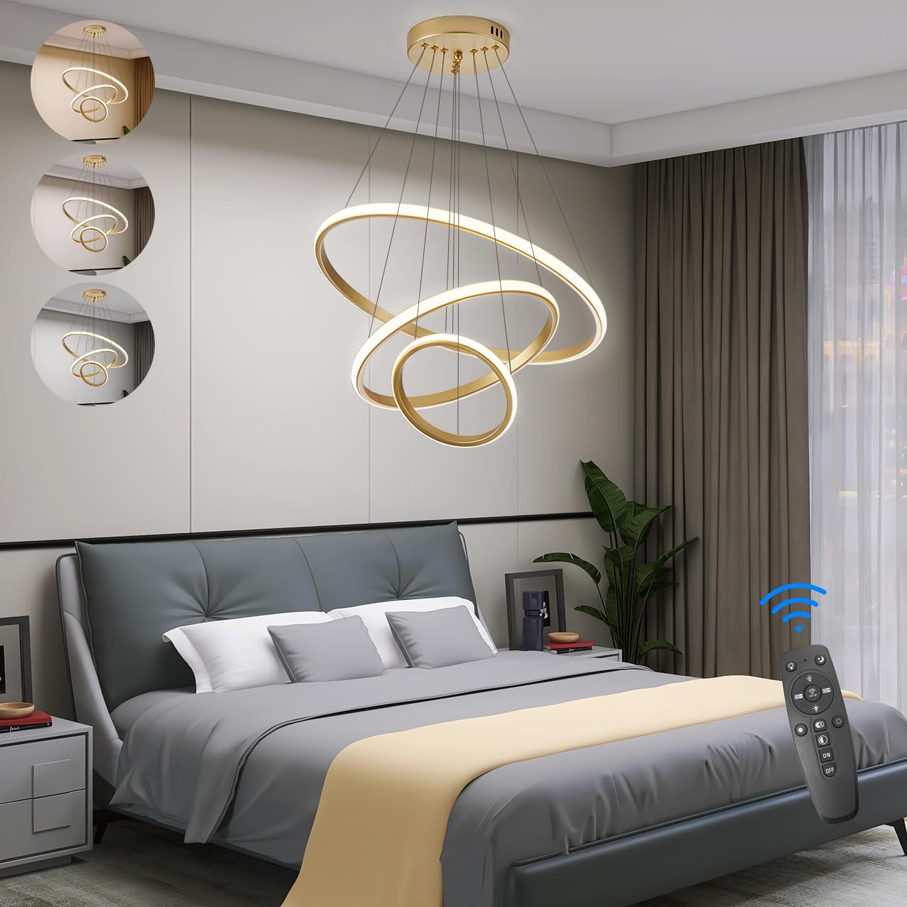 KSIBNW 3 Ringen Moderne LED Hängelampe Esstisch,45W LED Hängeleuchte & Pendelleuchten Höhenverstellbar für Esszimmer Wohnzimmer,Dimmbar Hängeleuchte Aluminium Mit Fernbedienung,3000K-6500K,Schwarz
