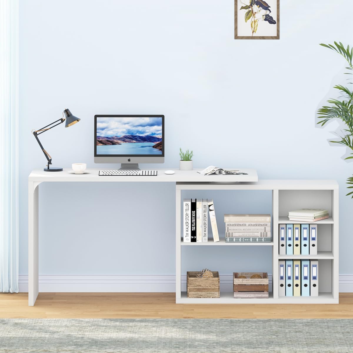 HSH Schreibtisch L Form Weiß, Wendbarer Computertisch mit Stauraum für für Büro und Arbeitszimmer, PC & Studium, Homeoffice, Eckschreibtisch mit Aufbewahrungsschrank & Ablagen, 140cm