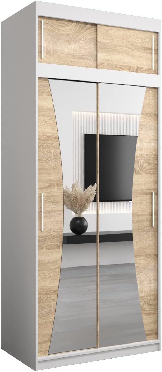 MEBLE KRYSPOL Kleiderschrank mit Spiegel Monaco - Garderobenschrank - Schrank Schlafzimmer - Mehrzweckschrank DREI Schiebetüren - Regalen - Flur Möbel - Kleiderstange Schrank - Allzweckschrank