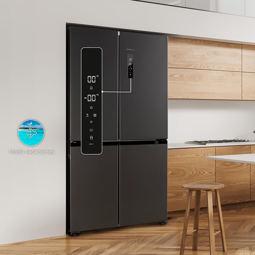 Cecotec Amerikanischer Kühlschrank, 4 Türen, 564 l, Bolero, CoolMarket, 4D 564 Dark E. 183 cm hoch, 91 cm breit, Wasserspender, geringer Stromverbrauch, Invertermotor, Plus, Total NoFrost