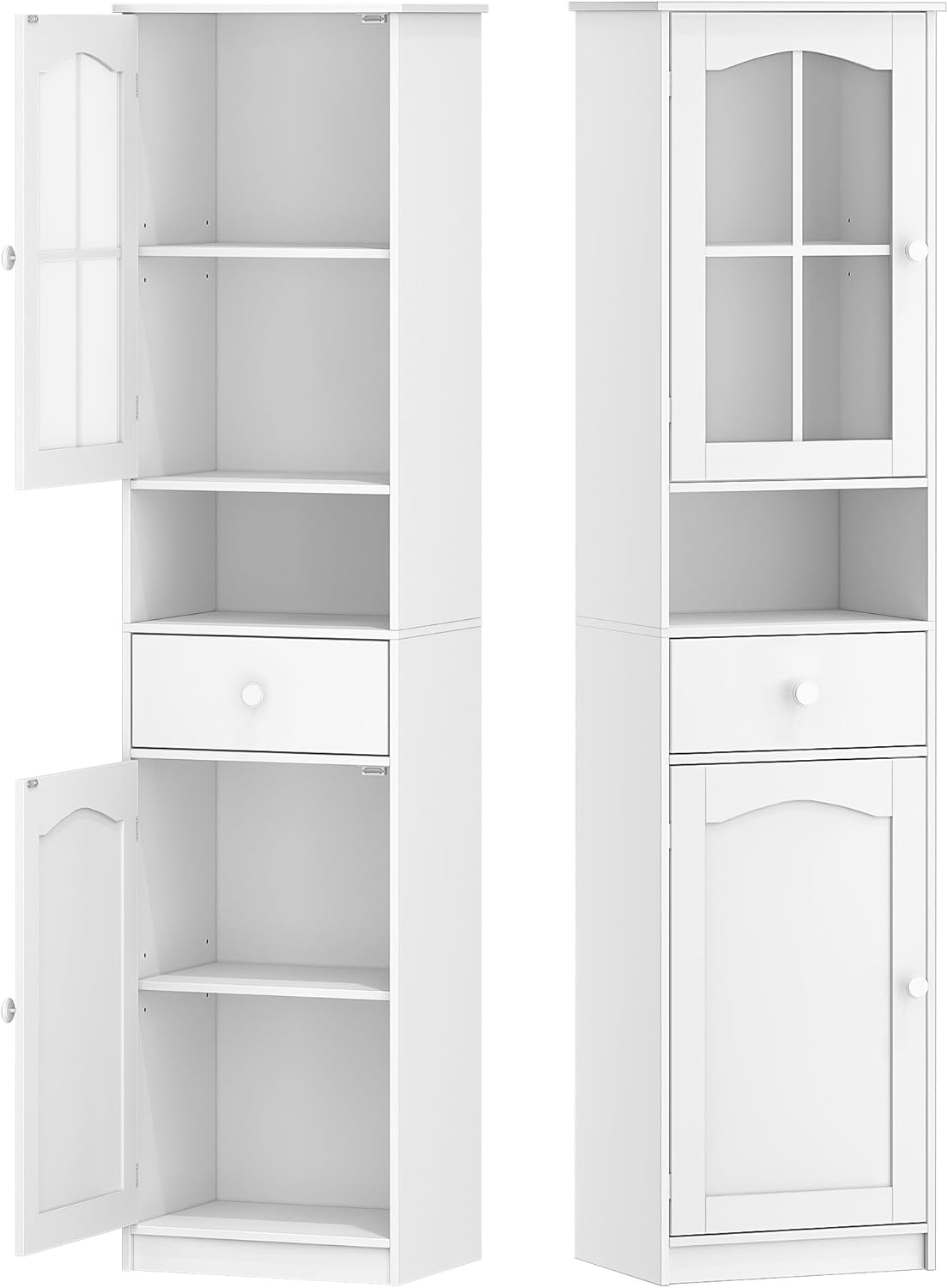Hzuaneri SC10003X Bathroom Cabinet with Glass Door, High Storage Cabinet with 2 Doors and 1 Drawer, Adjustable Shelves, Bathroom, Living Room, 40 x 30 x 170 cm, White