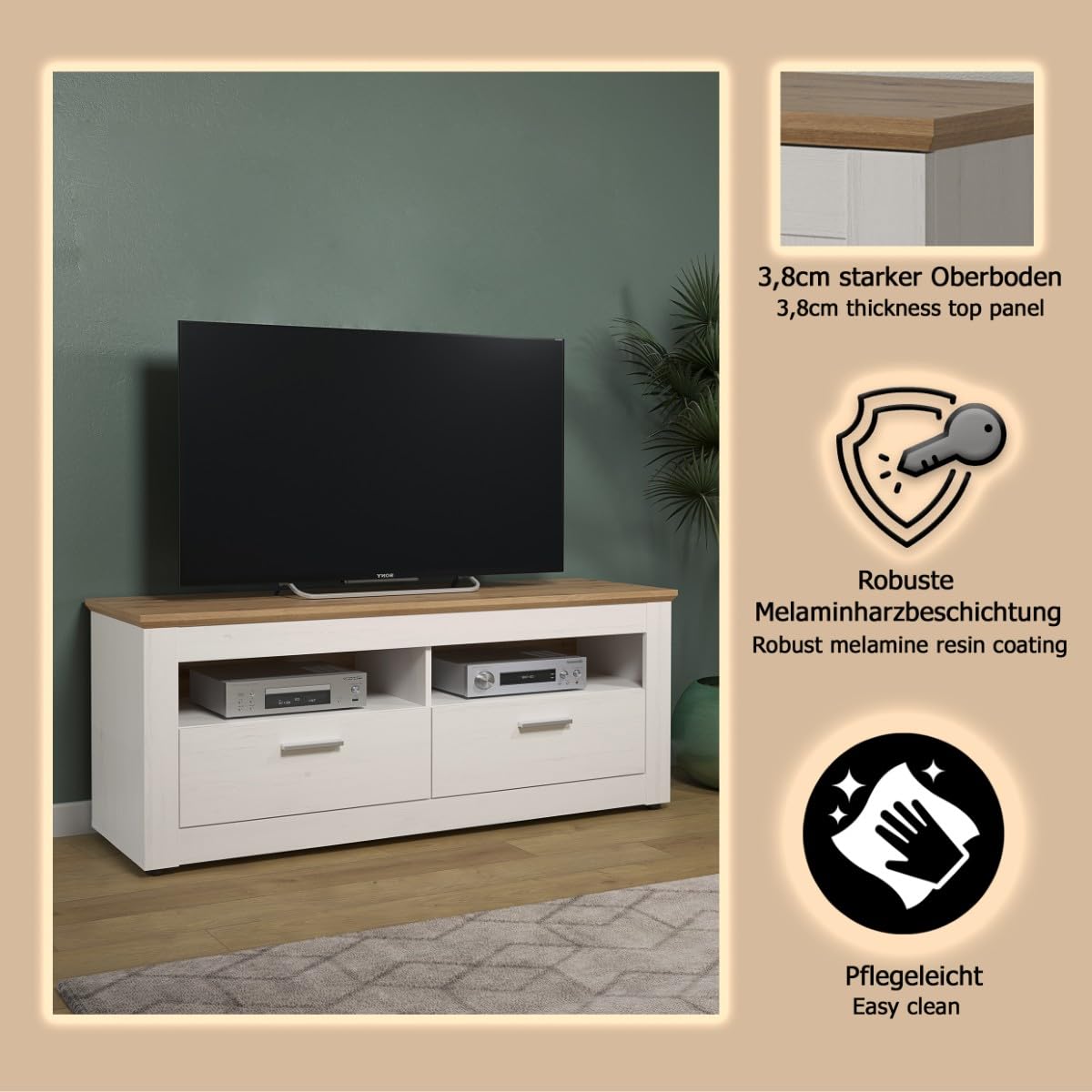trendteam smart living - Shade - Wohnzimmerkombination - Weiß/Eiche - Vitrine hoch, TV-Unterteil, Wandboard, Vitrine halbhoch - (BxHxT) 368 x 194 x 45 cm - silberfarbene Griffe