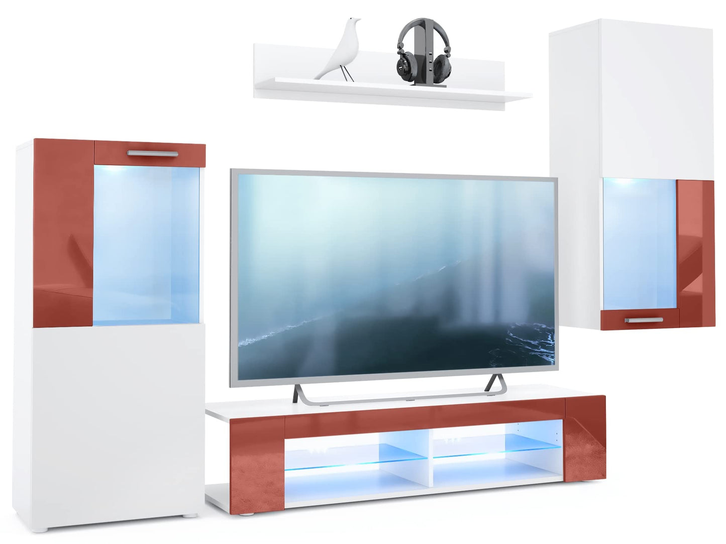 Vladon Wohnwand Movie, Anbauwand bestehend aus 1 TV-Board, 2 Vitrinen und 1 Regal, Weiß matt/Weiß matt/Weiß Hochglanz (Gesamt: 300 x 190 x 39 cm)