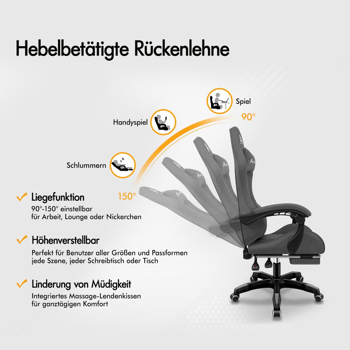 ALFORDSON Gaming-Stuhl mit Massage-Lendenwirbelkissen, ergonomischer Gamer-Racer-Stuhl mit Verstellbarer Rückenlehne, Drehstuhl mit Fußstütze, höhenverstellbar, Schwarz