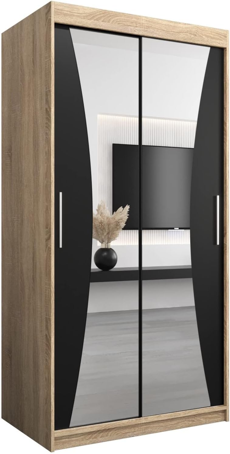 MEBLE KRYSPOL Kleiderschrank mit Spiegel Monaco - Garderobenschrank - Schrank Schlafzimmer - Mehrzweckschrank DREI Schiebetüren - Regalen - Flur Möbel - Kleiderstange Schrank - Allzweckschrank