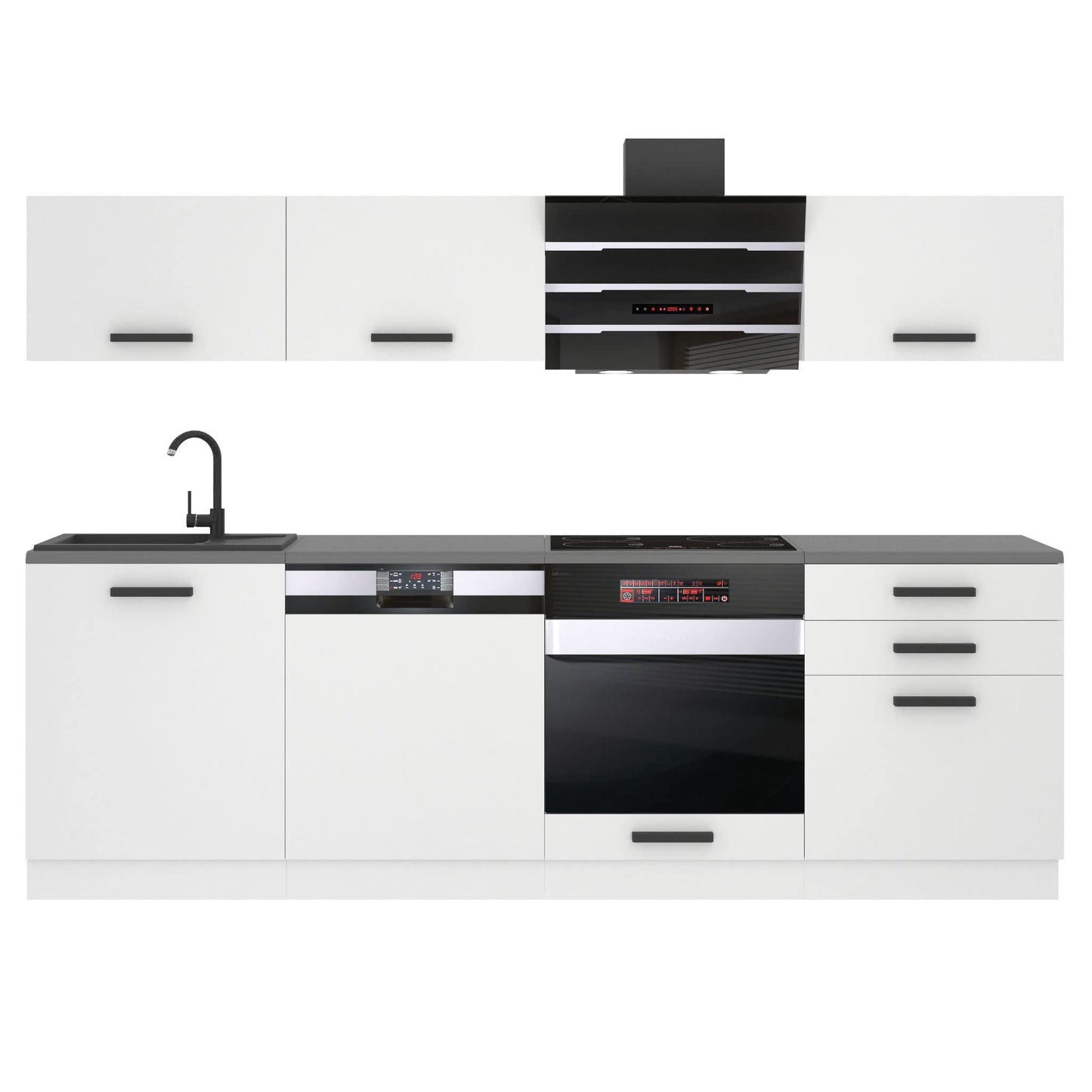 Belini Linda Kitchen Unit, Kitchen Furniture 240 cm, Fully Equipped without Electrical Appliances, with Wall Cabinets and Base Cabinets, with Worktops, Matt White