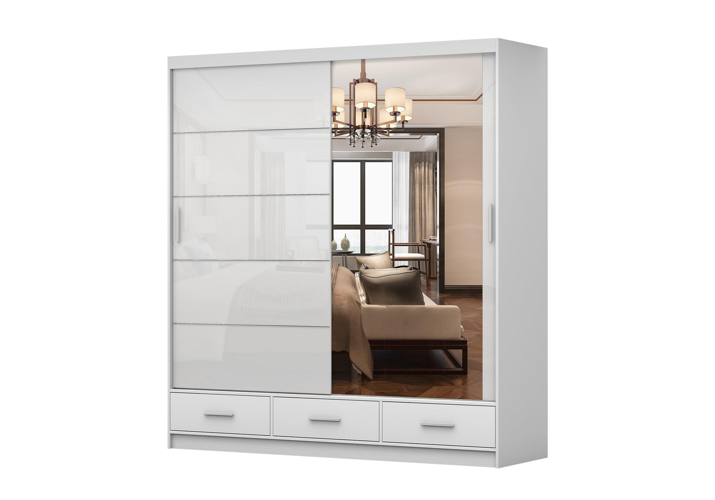 Fabryka Mebli Idźczak Kleiderschrank mit Spiegel weiß - Schwebetürenschrank - Schlafzimmerschrank - 61 x 250 x 218 cm - Wohnzimmerschrank - Garderobenschrank, Schrank mit 2 Türen, 4 Schubladen
