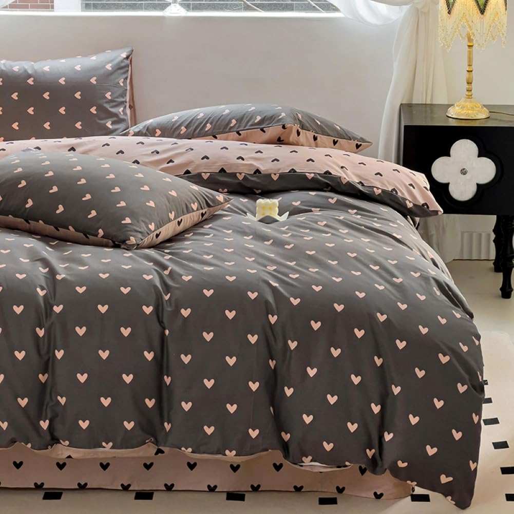 Nayoroom Bed Linen 135 x 200 cm Pink Black Hearts Heart Pattern Reversible Bed Linen Set Microfibre 2-Piece Modern Aesthetic Hearts Duvet Cover and 1 Pillowcase 80 x 80 cm with Zip