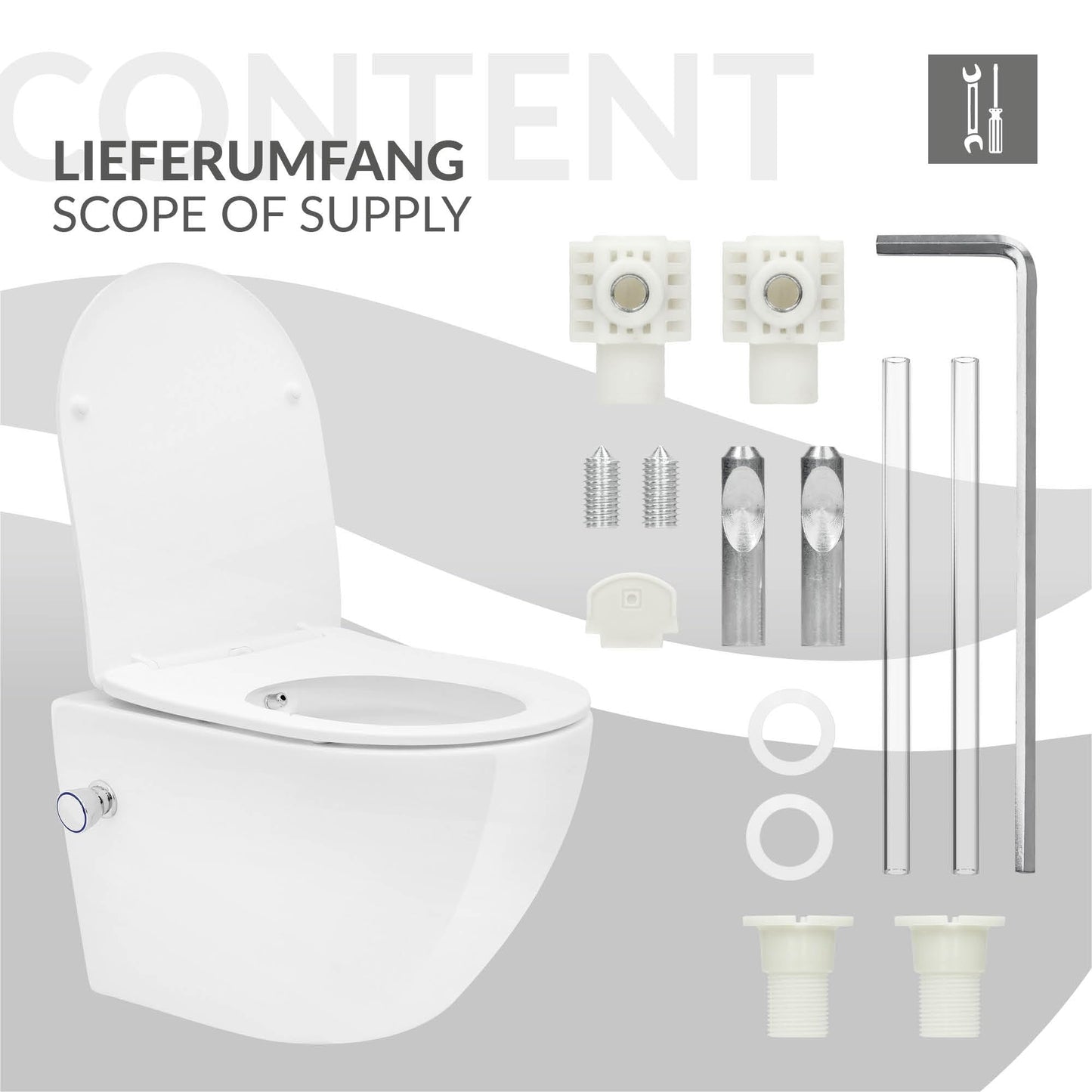 LuxeBath Wall-Mounted Toilet Rimless with Bidet Function, White, Deep Washdown Ceramic Hanging Toilet, Long 53.5 cm, Shower Toilet Nano Coating, Tornado Flush, Shiny Toilet Bowl Hanging with Toilet