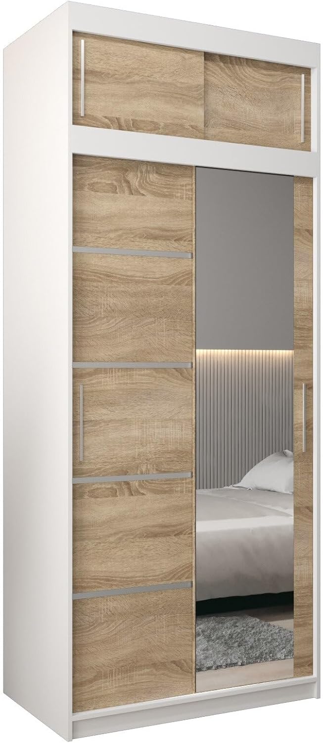 MEBLE KRYSPOL Kleiderschrank mit Spiegel Verona 2 - Garderobenschrank - Schrank Schlafzimmer - Mehrzweckschrank DREI Schiebetüren - Regalen - Flur Möbel - Kleiderstange Schrank - Allzweckschrank