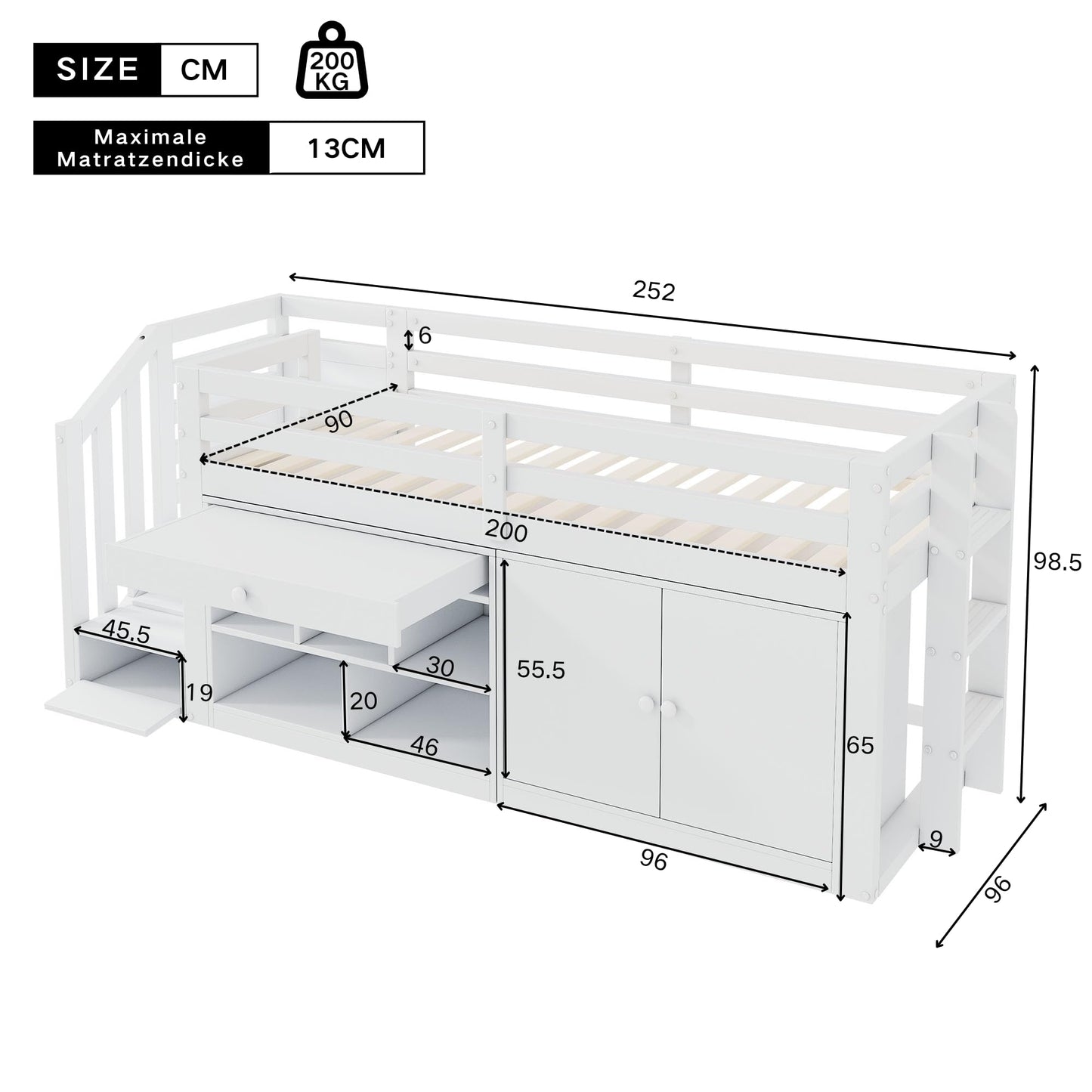 xixiworkshop Kinderbett 90x200cm Ausziehbett Bett mit Stauraum und USB-Steckdose/Mehreren Ablagefächern multifunktionales Jugendbett/Gästebett/Doppelbett mit Stauschrank Lattenrost,Ohne Matratze,Grau