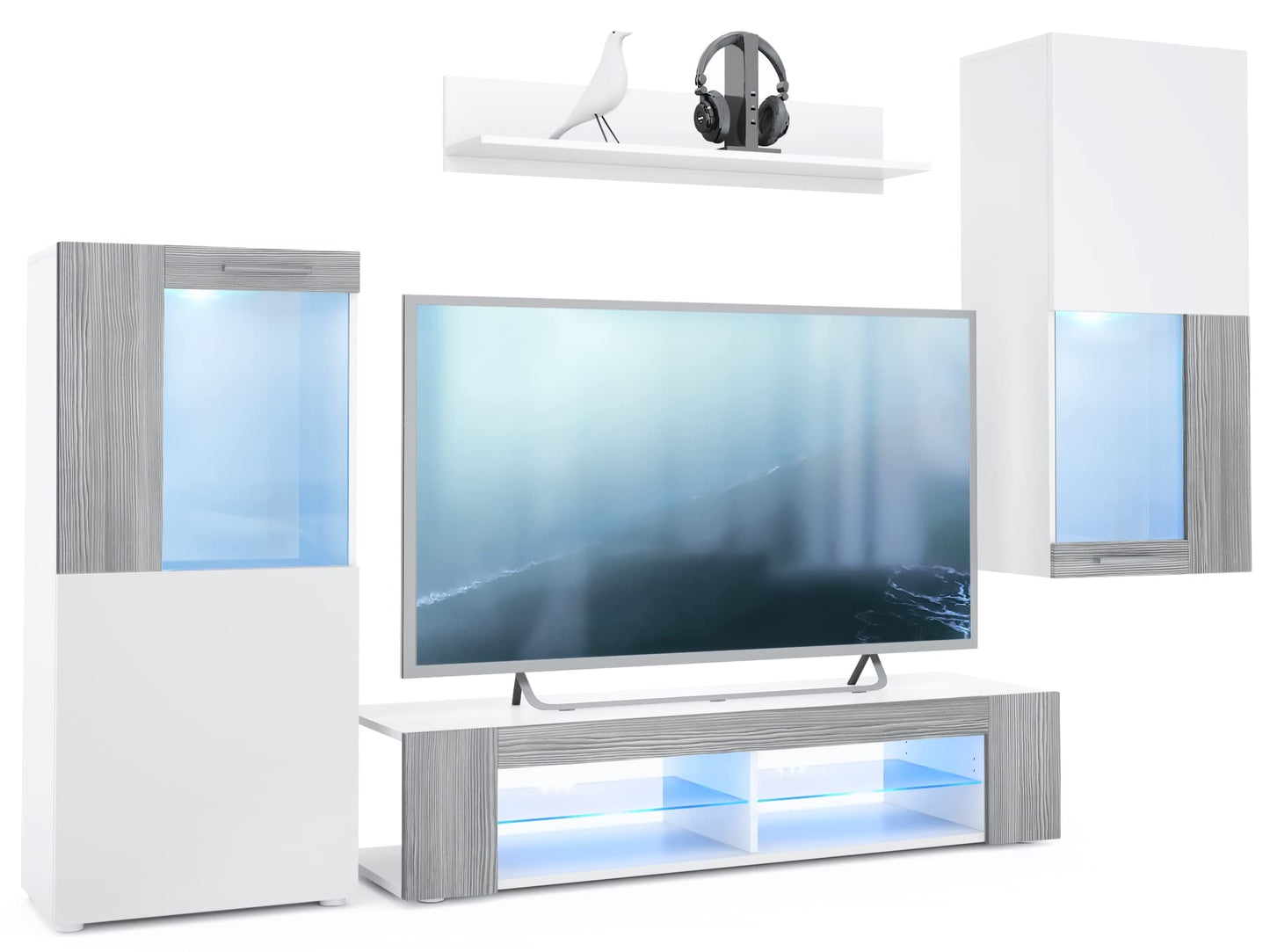Vladon Wohnwand Movie, Anbauwand bestehend aus 1 TV-Board, 2 Vitrinen und 1 Regal, Weiß matt/Weiß matt/Weiß Hochglanz (Gesamt: 300 x 190 x 39 cm)