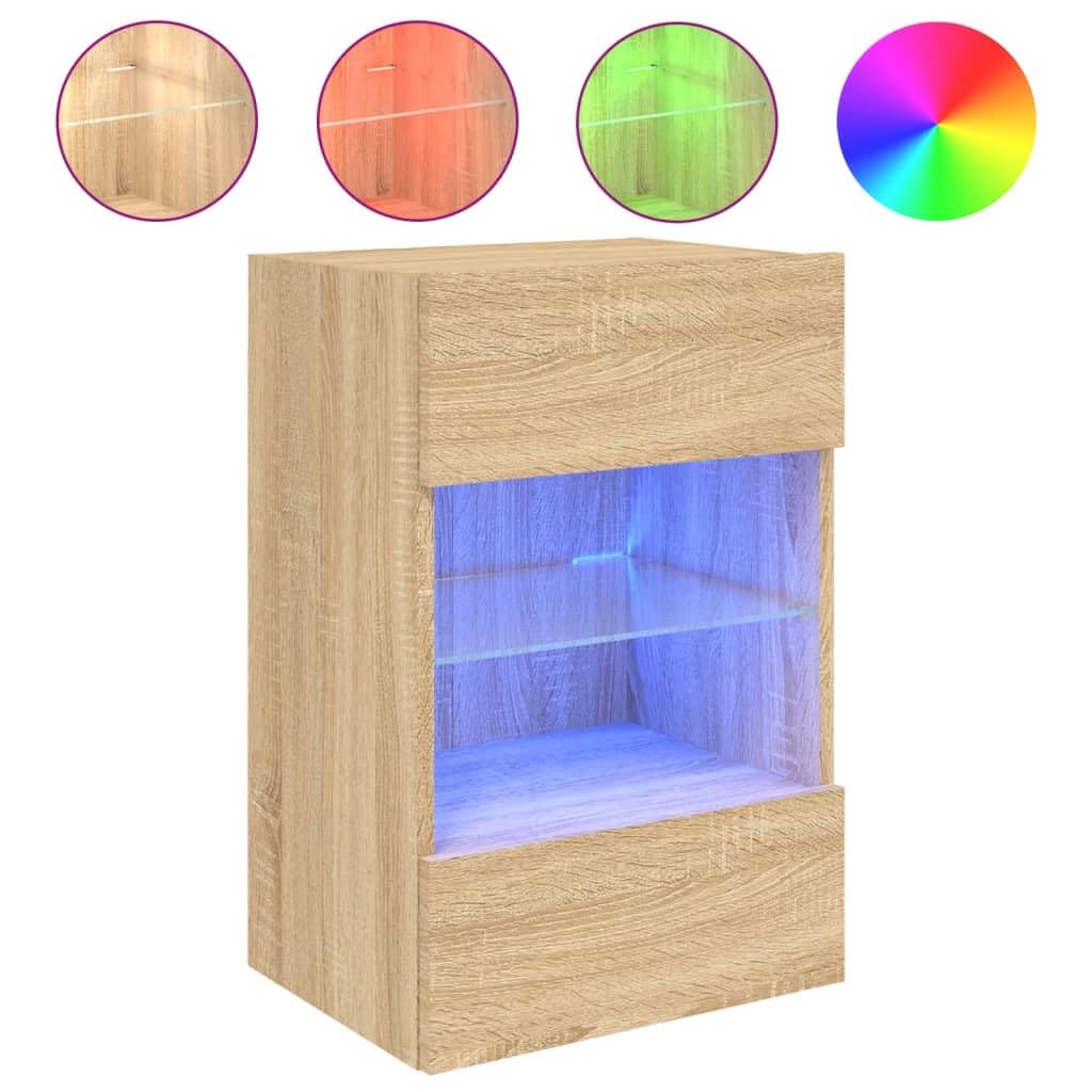 Homgoday TV Wall Cabinets with LED Lights, Pack of 2, Cabinet Wall TV Cabinet with Lots of Storage Space, Wall Mounted TV Furniture for Living Room, Bedroom, Grey, Sonoma
