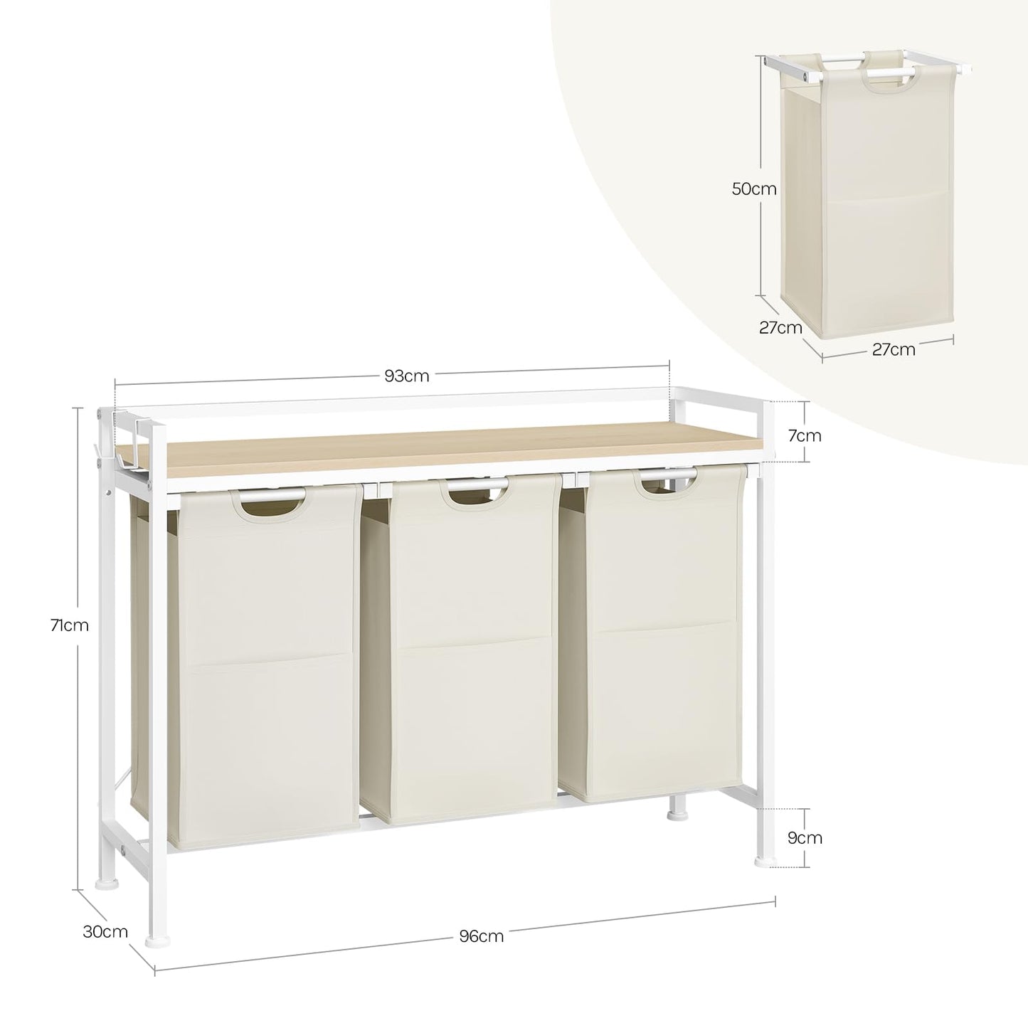 WOLTU Laundry Basket, 3 Compartments, Each 40 L, Laundry Hamper with Shelf Metal Frame, Oxford Fabric Laundry Bag, Extendable, Removable, Laundry Sorter, Laundry Container, White