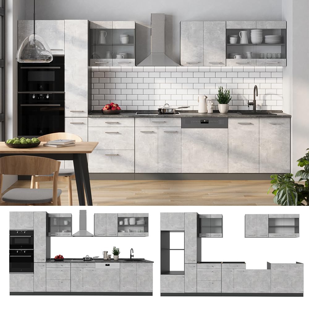 Vicco R-Line Fitted Kitchen Cabinets Anthracite Kitchen Furniture (Anthracite / White High Gloss, MUS 350 cm)