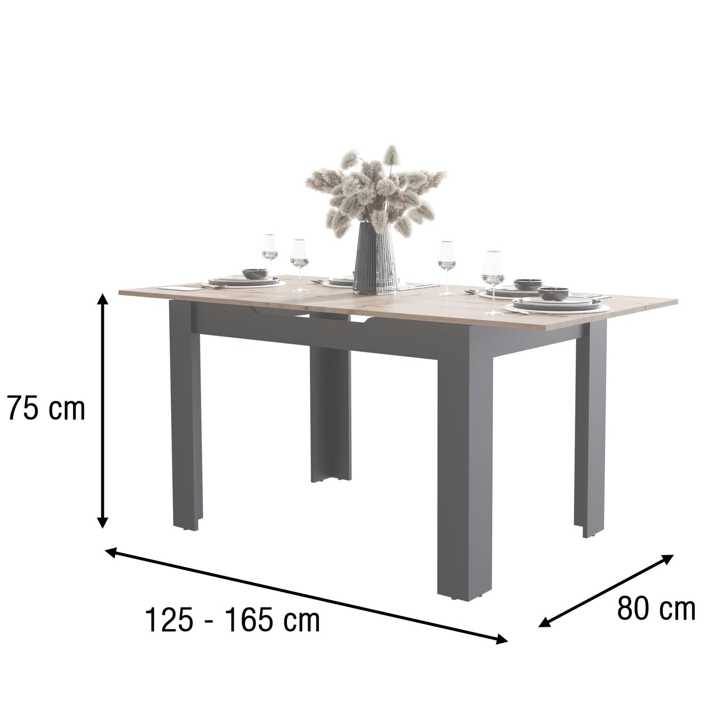 Newfurn Dining Table Wild Oak Dining Room Table Kitchen Table Dining Table II 120 x 76.5 x 70 cm (W x H x D) Extendible up to 160 cm including 40 cm Table Top Anthracite Kitchen Table Dining Table