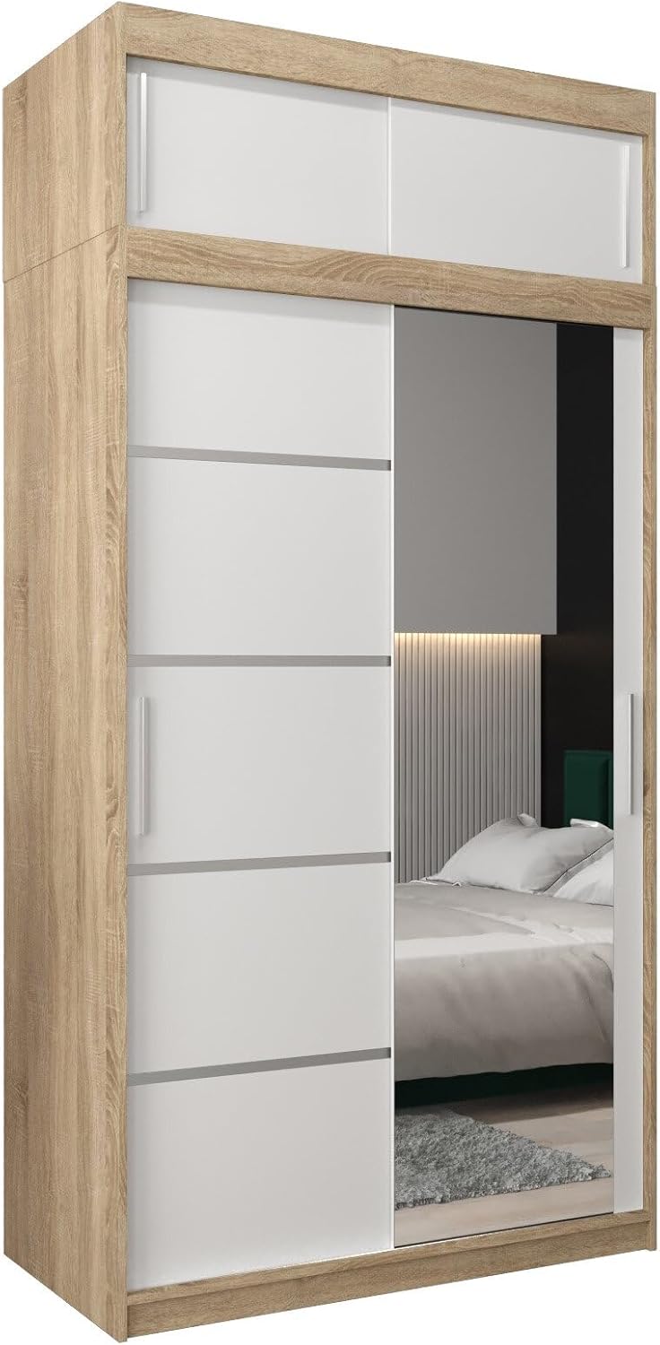 MEBLE KRYSPOL Kleiderschrank mit Spiegel Verona 2 - Garderobenschrank - Schrank Schlafzimmer - Mehrzweckschrank DREI Schiebetüren - Regalen - Flur Möbel - Kleiderstange Schrank - Allzweckschrank