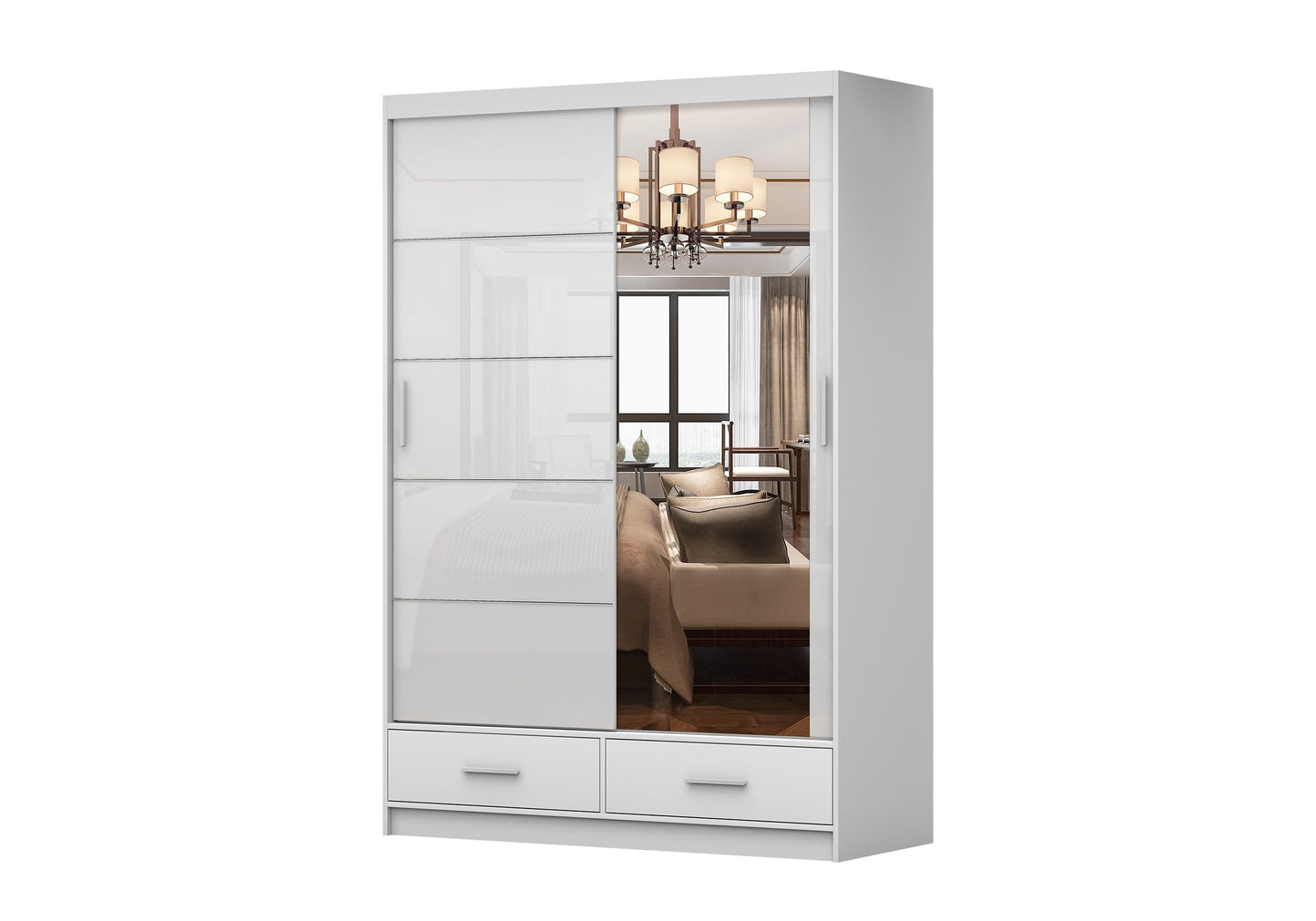Fabryka Mebli Idźczak Kleiderschrank mit Spiegel weiß - Schwebetürenschrank - Schlafzimmerschrank - 61 x 250 x 218 cm - Wohnzimmerschrank - Garderobenschrank, Schrank mit 2 Türen, 4 Schubladen