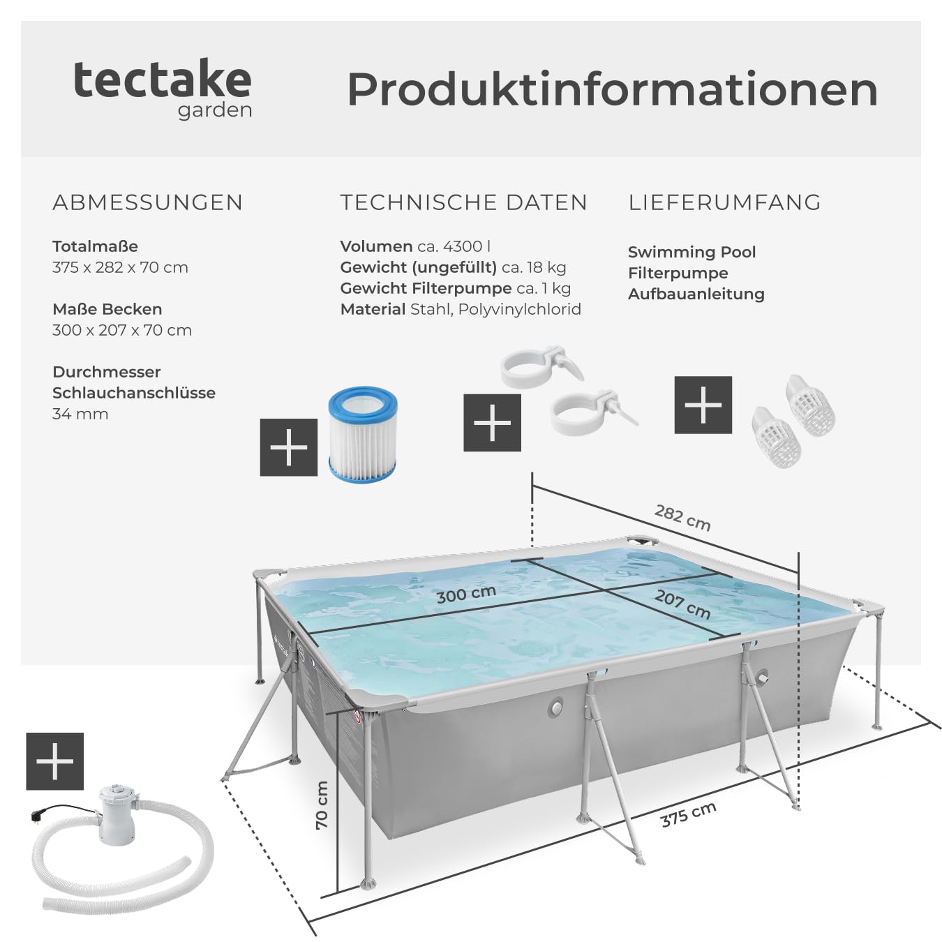 tectake® Swimming Pool, Large Swimming Pool, Rectangular, Frame Pool, Pool for Garden, Steel Frame Pool, Complete Set, Outdoor Garden Pool, Above Ground Pool, 300 x 207 x 70 cm, Grey