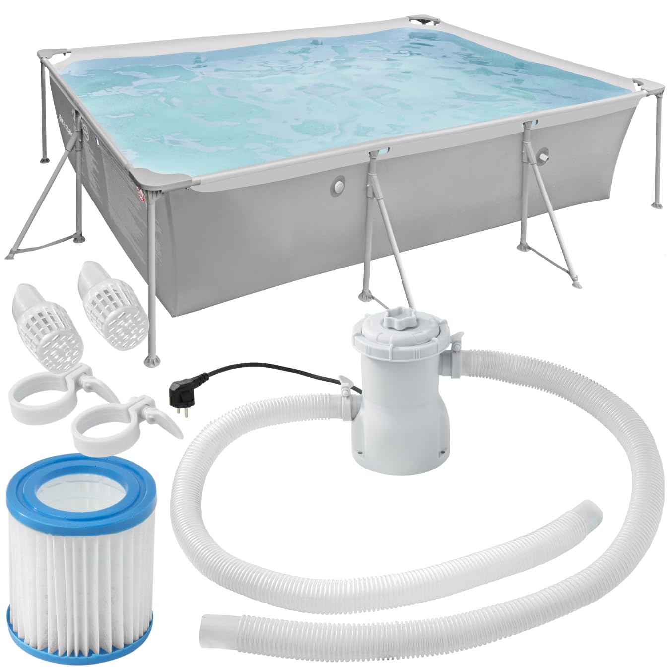tectake® Swimming Pool, Large Swimming Pool, Rectangular, Frame Pool, Pool for Garden, Steel Frame Pool, Complete Set, Outdoor Garden Pool, Above Ground Pool, 300 x 207 x 70 cm, Grey