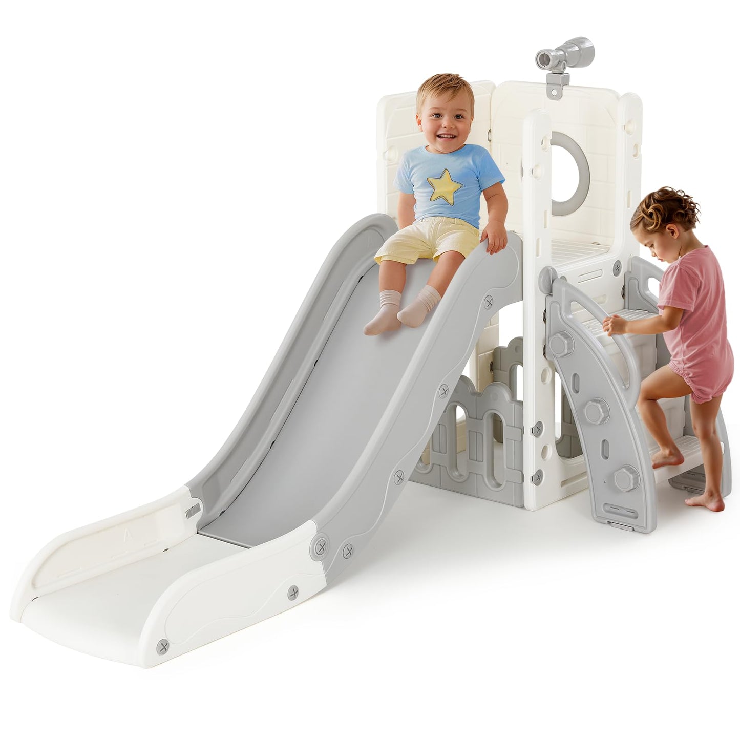 Kinderrutsche, für 1-3 Jahre, Indoor & Outdoor Rutsche ab 1 Jahre, Freistehende Rutsche mit Stauraum & Spielteleskope, Gartenrutsche, Kinder Spielplatz, mit 2PCS Moduls, Grün Grau