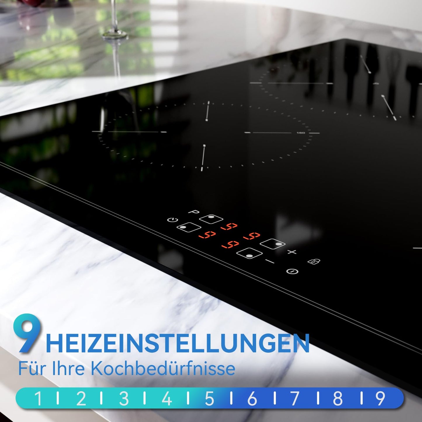 Hermitlux kochfeld 28,8cm, Glaskeramik Kochfeld 2 Platten, 9 Leistungsstufen, Touch-Steuerung, Timer, Kindersicherung, Geeignet für Alle Töpfe, 3300W