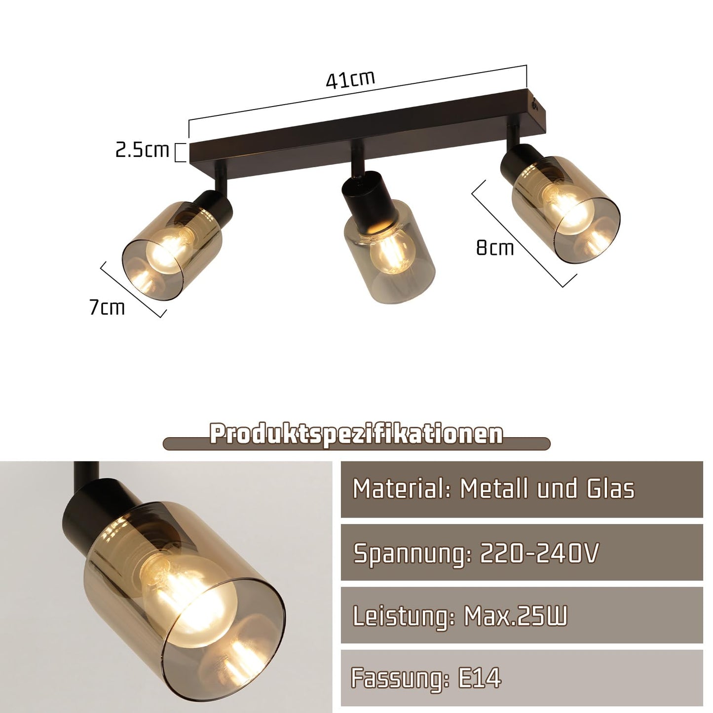 Kowanie Deckenlampe Vintage 6 flammig: Industrial Wohnzimmerlampe Schwarz Deckenleuchte Wohnzimmer retro Kronleuchter aus Glas Deckenbeleuchtung inkl. 6 × E14 2700K Leuchtmittel für Küche