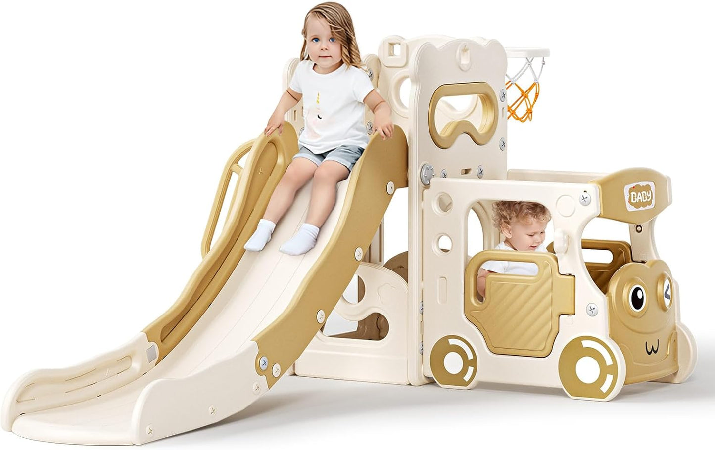 Children's Slide, Large Toddler Slide with Basketball Hoop, Climbing Frame for the Garden, Telescope, Storage Space, for 1-3 Years, Extra Long 1700 mm (7-in-1 Elk Slide Active Model (Khaki)))