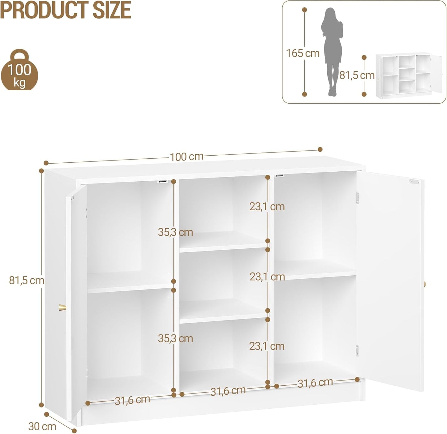 Hzuaneri SC21203X Bathroom Cabinet with 2 Doors, Kitchen Cabinet, Storage Cabinet, Sideboard with 3 Open Storage Compartments, Adjustable Shelf, Bathroom, Kitchen, 30 x 100 x 81.5 cm, White