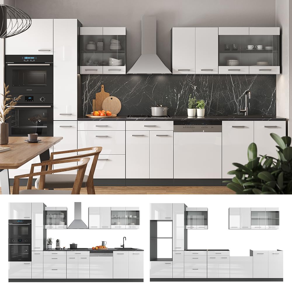 Vicco R-Line Fitted Kitchen Cabinets Anthracite Kitchen Furniture (Anthracite / White High Gloss, MUS 350 cm)
