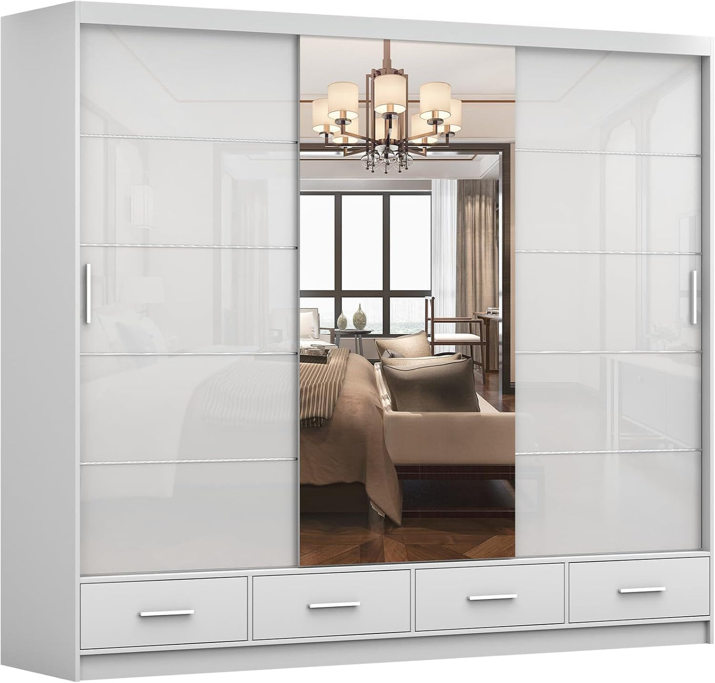 Fabryka Mebli Idźczak Kleiderschrank mit Spiegel weiß - Schwebetürenschrank - Schlafzimmerschrank - 61 x 250 x 218 cm - Wohnzimmerschrank - Garderobenschrank, Schrank mit 2 Türen, 4 Schubladen