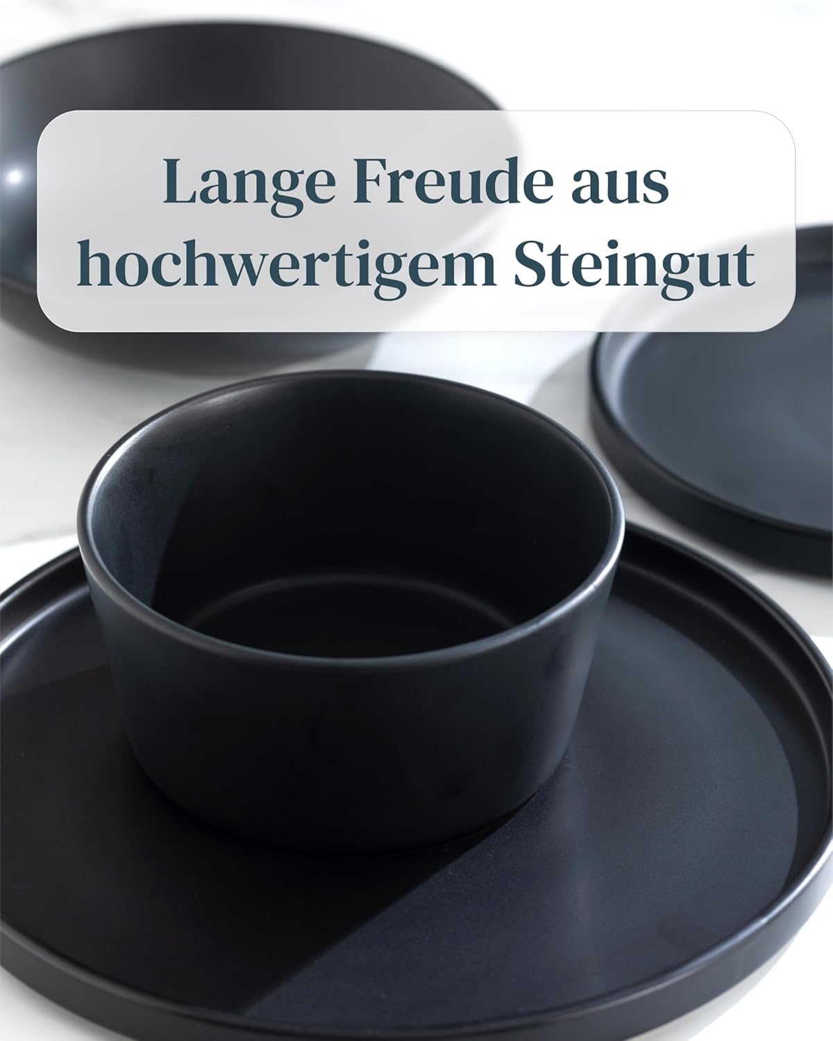 Steingut Geschirrset 6 Personen Manhattan 24 tlg. TESTSIEGER, Cooles Urbanes Steingut Geschirr Set, Schüssel- und Teller Set, Tafelservice 6 Personen, Geschirrsets Pure Living in matt Schwarz