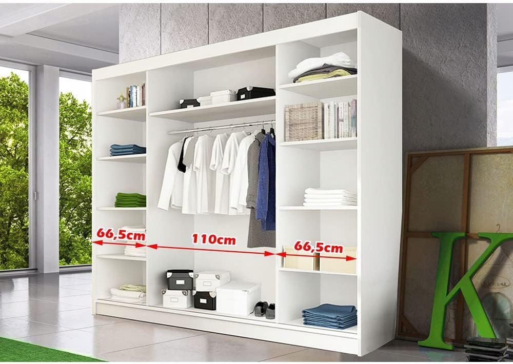 Fabryka Mebli Idźczak Kleiderschrank mit Spiegel, Schiebetüren - Weißer Schwebetürenschrank, Schlafzimmerschrank - 61 x 250 x 218 cm - Schrank für Schlafzimmer, Wohnzimmer, Garderobe
