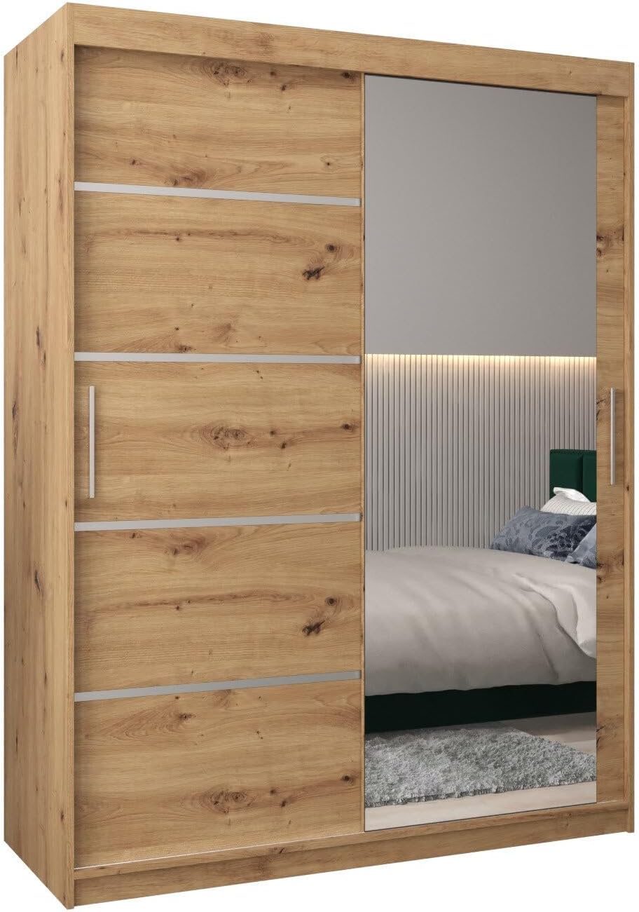 MEBLE KRYSPOL Kleiderschrank mit Spiegel Verona 2 - Garderobenschrank - Schrank Schlafzimmer - Mehrzweckschrank DREI Schiebetüren - Regalen - Flur Möbel - Kleiderstange Schrank - Allzweckschrank