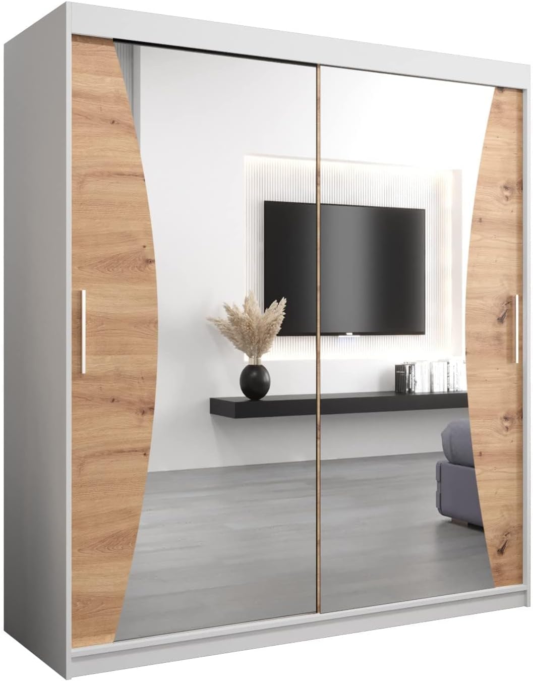 MEBLE KRYSPOL Kleiderschrank mit Spiegel Monaco - Garderobenschrank - Schrank Schlafzimmer - Mehrzweckschrank DREI Schiebetüren - Regalen - Flur Möbel - Kleiderstange Schrank - Allzweckschrank