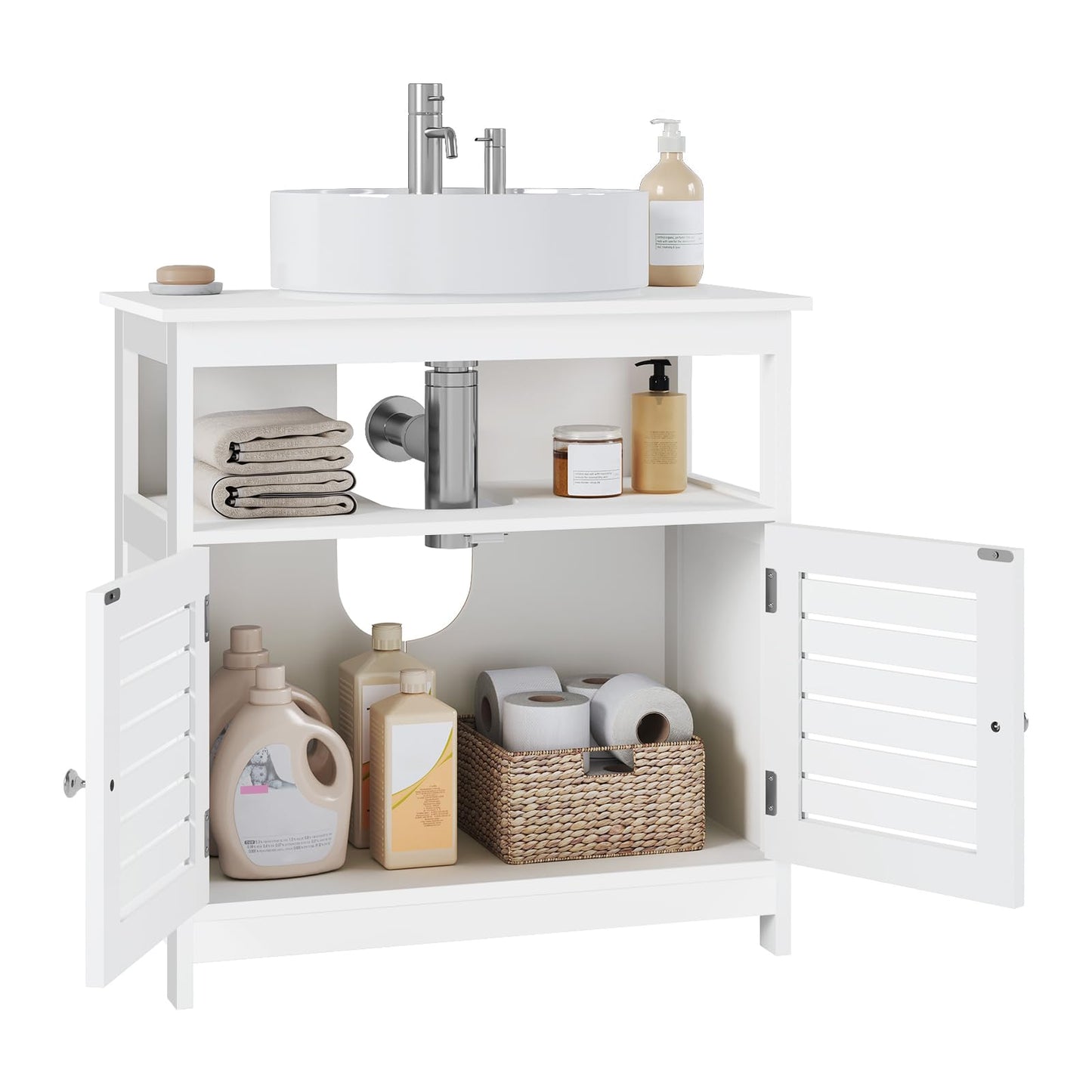 EUGAD Bamboo Vanity Unit with Slat Doors, Adjustable Shelf, 60 x 60 x 30 cm