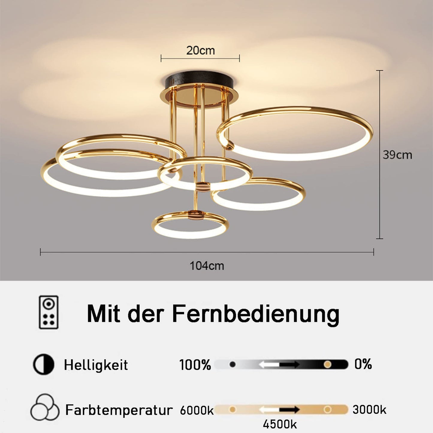 LED Deckenleuchte Modern Design Deckenlampen Gold 5-Ring Lampen Dimmbar Wohnzimmerlampe mit Fernbedienung, Aluminium Led Beleuchtung für Wohnzimmer Schlafzimmer Küche Esszimmer Büro 93cm, 108W…