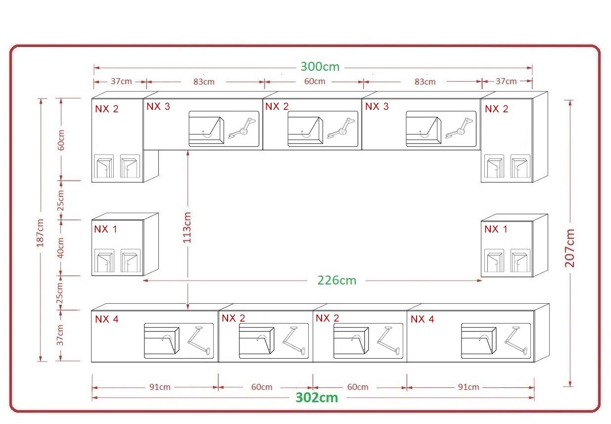 Furnitech Wohnwand Wohnzimmer Möbel (Schwarz) mit LED RGB - 16 Farben - Hängend Wohnzimmerwand Modern - Schrankwand mit Regale und TV Schrank (Nowara AN1-17B-HG20 1C)