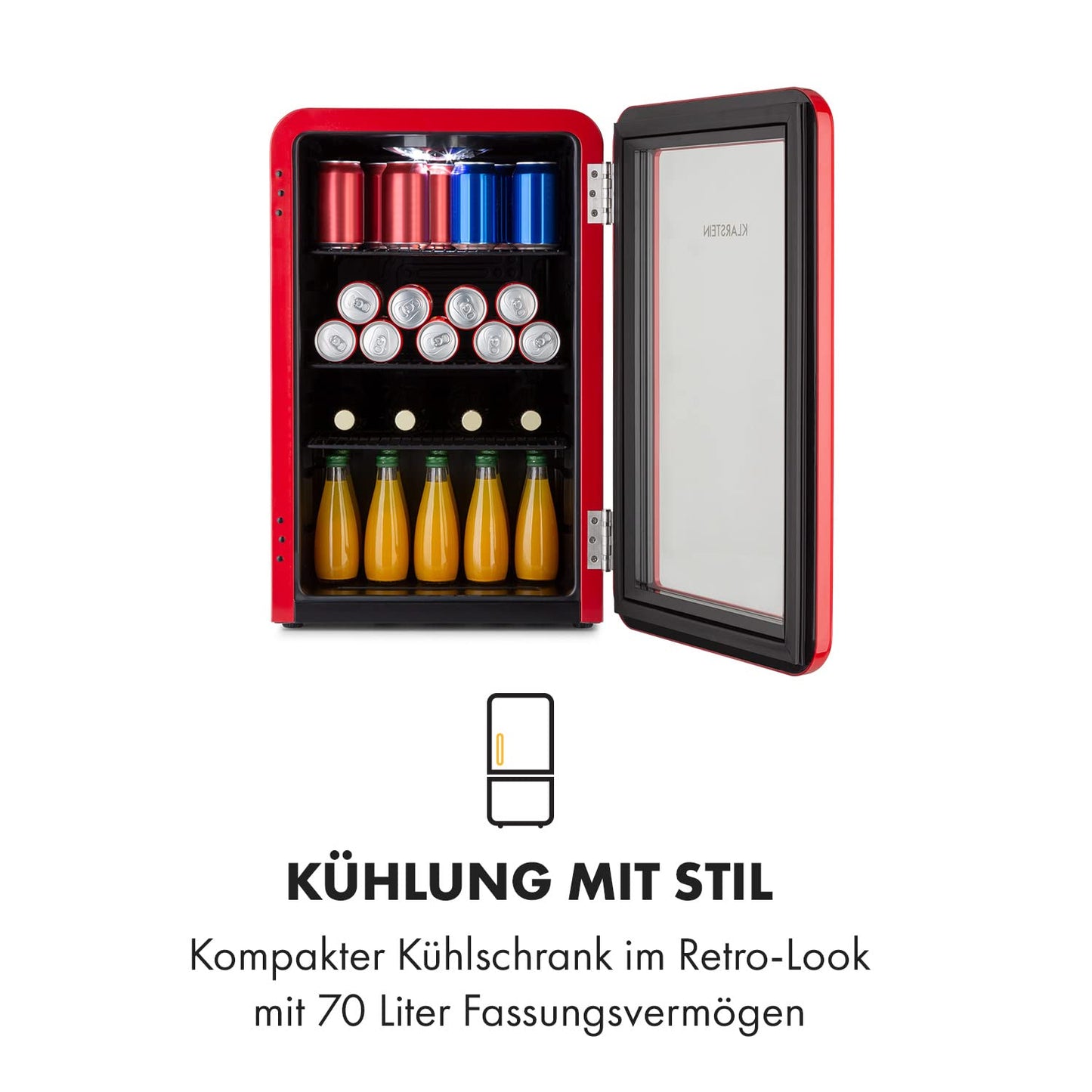 Klarstein PopLife Getränkekühler - Mini-Bar, Retrokühlschrank, 0-10°C, nur 39 dB, 115 L, umweltfreundlich, doppelt verglaste Tür, Retro-Design, rot