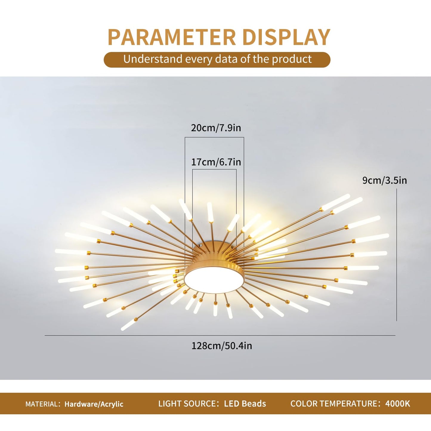 minifair Moderne LED-Deckenleuchte, 12 + 1 Köpfe, halbbündige Deckenleuchte, goldene Kronleuchter, Deckenbeleuchtung für Schlafzimmer, Wohnzimmer, Küche, Esszimmer, Restaurant