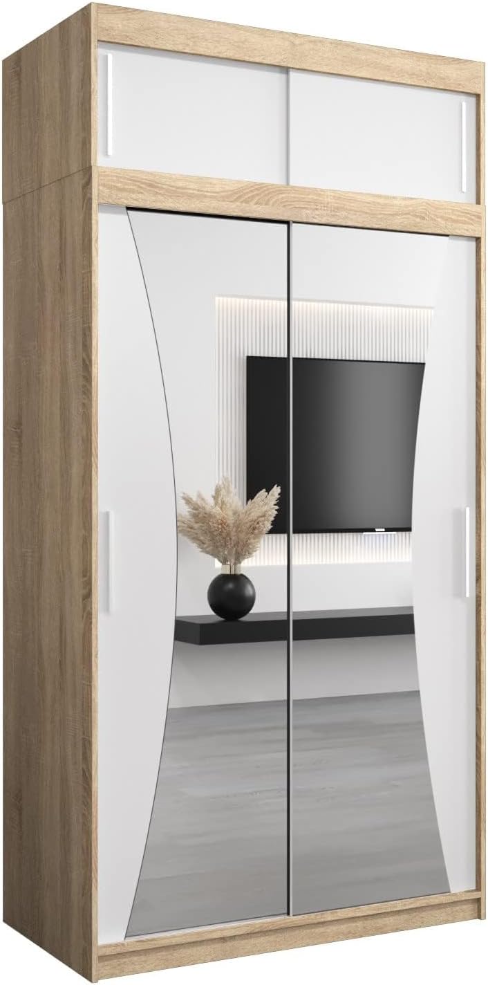 MEBLE KRYSPOL Kleiderschrank mit Spiegel Monaco - Garderobenschrank - Schrank Schlafzimmer - Mehrzweckschrank DREI Schiebetüren - Regalen - Flur Möbel - Kleiderstange Schrank - Allzweckschrank