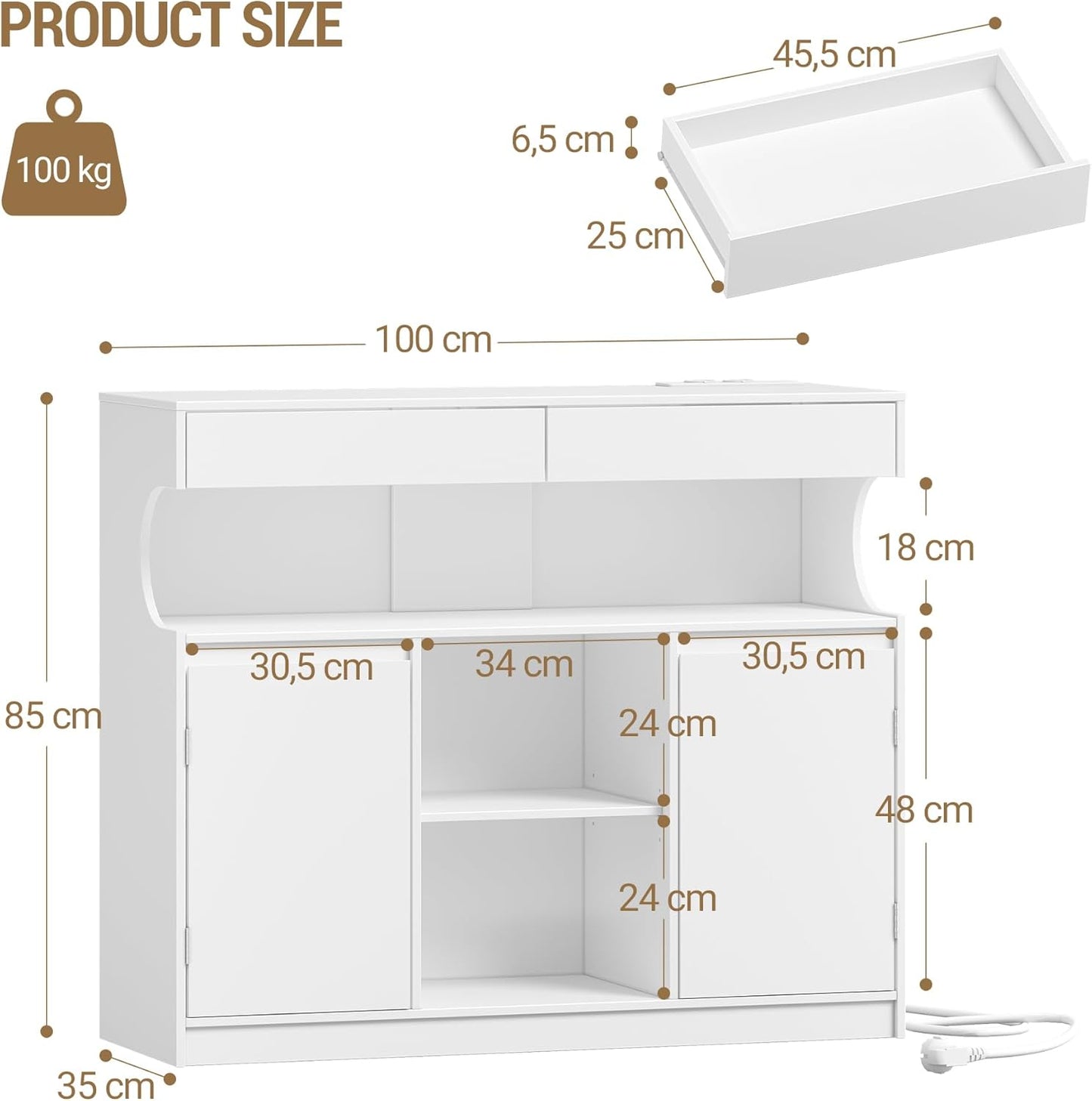 Hzuaneri SC64903X Sideboard, Kitchen Cabinet with Power Strip and LED Light, Storage Cabinet, 2 Drawers and 2 Doors, Adjustable Shelves, Buffet Cabinet, Dining Room, Kitchen, 35 x 100 x 85 cm, White