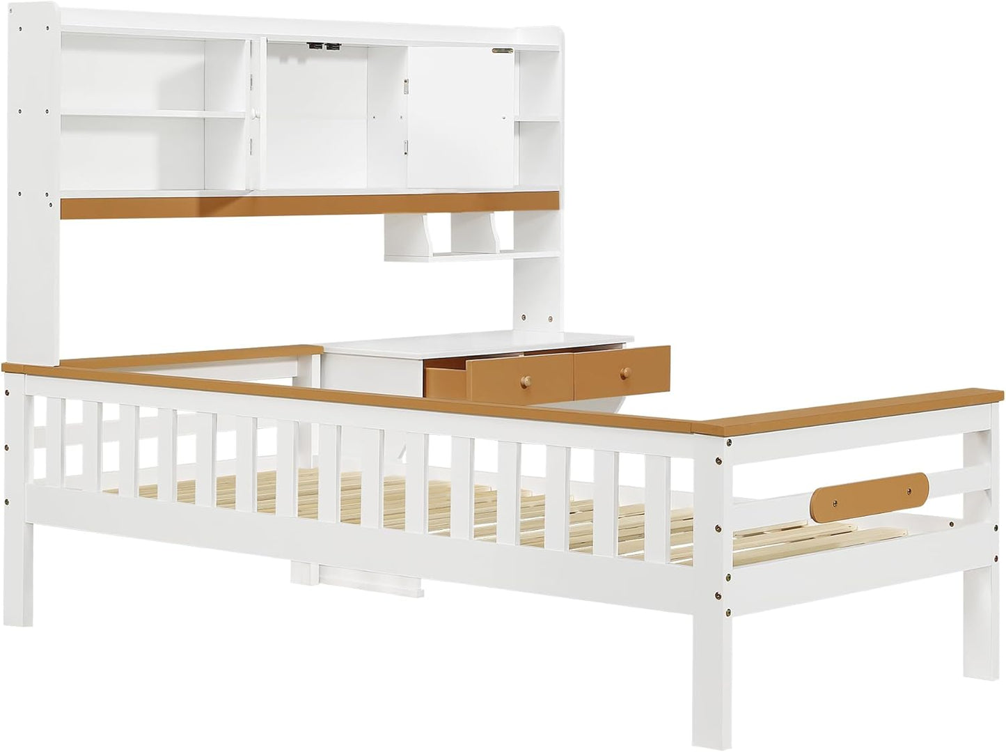 Merax Children's Bed 90 x 200 cm with Fall Protection, Children's House Bed with Drawers and Storage Shelf, Sturdy Wooden Tree House Bed with Slatted Frame, Play Bed for Boys and Girls, White