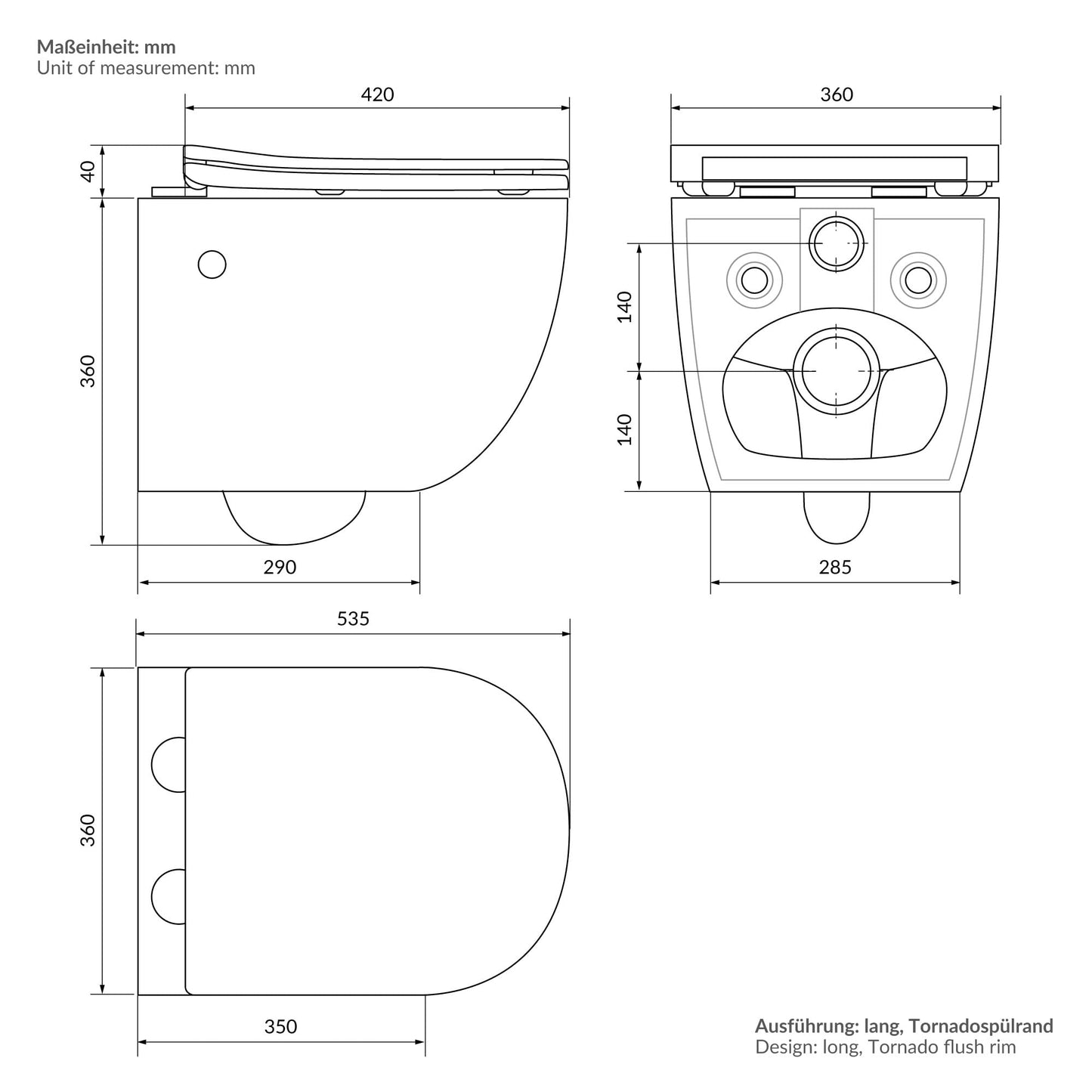 LuxeBath Wall-Mounted Toilet Rimless with Bidet Function, White, Deep Washdown Ceramic Hanging Toilet, Long 53.5 cm, Shower Toilet Nano Coating, Tornado Flush, Shiny Toilet Bowl Hanging with Toilet