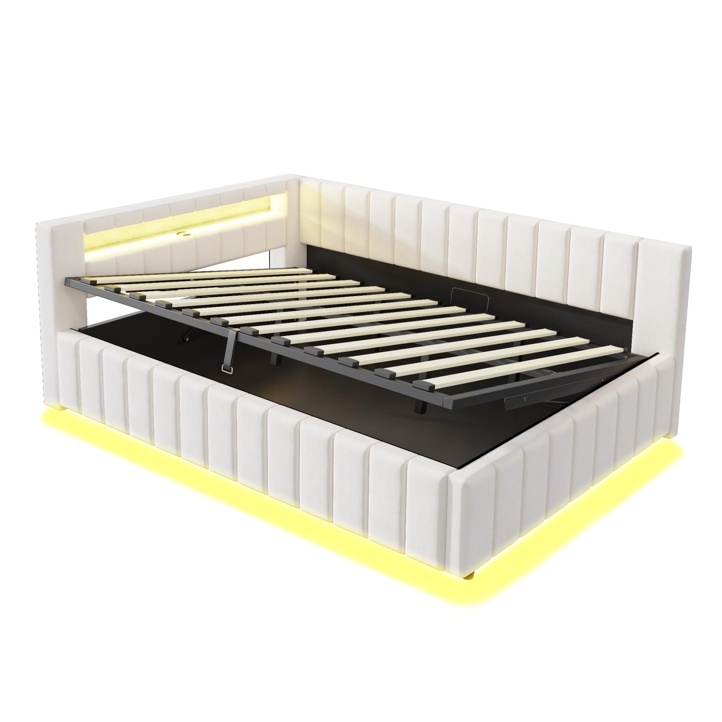 KEYIDE Upholstered Sofa Bed, 140 x 200 cm with LED Lighting and USB Charging, Bed Frame with Wooden Slatted Frame, Day Bed, Guest Bed, Youth Bed, Velvet Fabric, Without Mattress (Grey, 140 x 200)